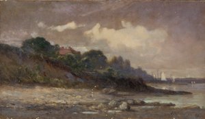 Uden titel (kystlinje med sejlbåde og tag) af Edward Mitchell Bannister