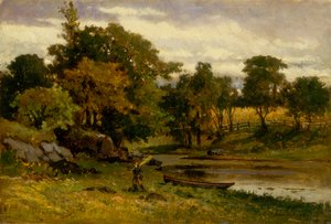 Unavngivet landskab, båd fortøjet nær vandløb, mand gående i forgrunden, 1879.