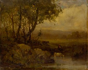 Unavngivet landskab, flodbred, tre køer. af Edward Mitchell Bannister