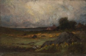 Unavngivet landskab med sten i forgrunden og tag med tårn, sø i baggrunden, n.d.