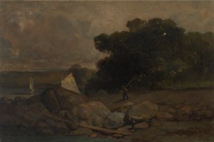 Unavngivet landskab med klipper, mand og sejlbåde, 1895. af Edward Mitchell Bannister