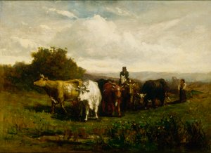 Unavngivet mand til hest, kvinde til fods, der driver kvæg, 1880.