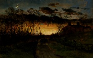 Unavngivet solnedgang med kvartmåne og stuehus, 1883.