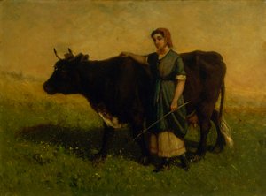 Unavngivet kvinde, der går med ko, ca. 1869.