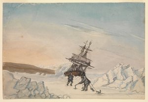 Et skib sidder fast i isen med to besætningsmedlemmer, der fastgør skibet til isen med fire fastgørelsesanordninger. af Edward Newell Harrison