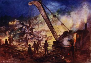 Kran fjerner vragdele fra stedet for en jernbaneulykke (farve litho) af Edward Parick Kinsella