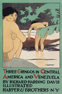 Plakat, der promoverer Three Gringos i Mellemamerika og Venezuela af Richard Harding Davis (1864 - 1916), pub. 1896