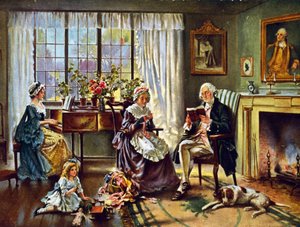 George Washington (1732-1799) Første præsident for Amerikas Forenede Stater (1789-1797). Washington hjemme med sin familie. Efter maleri af Edward P Moran (1862-1935).