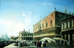 Piazzetta, Venedig, med talrige figurer ved Dogepaladset (olie på lærred) af Edward Pritchett