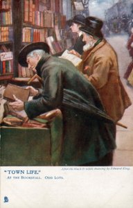 Byliv: kunder, der browser i en bogbod (farve litho)
