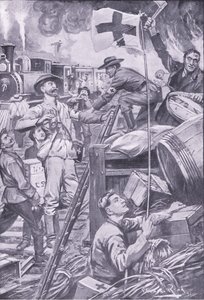 Falsk ambulancemand ødelægger butikker ved Komati Foort under dække af Røde Kors flag, illustration fra After Pretoria: The Guerilla War, 1902 af Edward Read