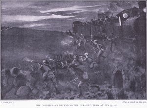 The Coldstreams forsvarer et afsporet tog, illustration fra After Pretoria: The Guerilla War, 1902 af Edward Read
