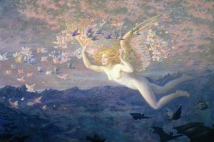 På morgenens vinger, 1905 (wc forstærket med kropsfarve og guldfarve) af Edward Robert Hughes