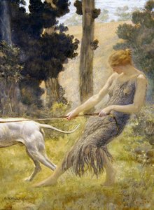Kvinde går tur med sin hund (tempera ombord) af Edward Robert Hughes