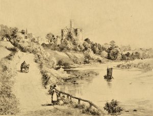 The Coquet: Warkworth Castle fra vejen til Amble, ca. 1880 (radering)