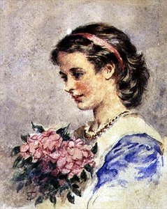 Ung pige med en bundt lyserøde blomster (akvarel over blyant på papir) af Edward Tayler