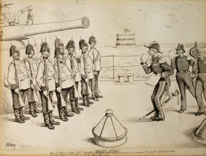 Uregistreret historie! At fortælle marinesoldaterne om bord på HMS Taradiddle, at Hendes Majestæts regering beslutter sig - som en indrømmelse til fordomme for kontinentalmagterne - om at evakuere Egypten på et tidligt tidspunkt: formentlig den første apri af Edward Tennyson Reed