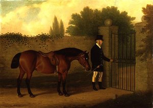 En gentleman fører en walisisk kolbe ved en havelåge af Edward Tolley
