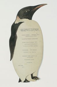 Menu i form på en kejserpingvin, til Midvinterdagsmiddagen, Cape Evans, 22. juni 1912 (pen & gouache på kort) af Edward W. Nelson