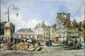 En markedsplads på kontinentet (akvarel på papir) af Edward William Cooke