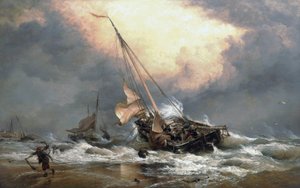 Fiskere trækker deres både på bredden af Nordsøen, nær Scheveningen (Holland). Olie på lærred af Edward William Cooke