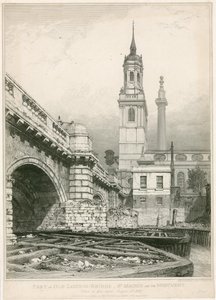 En del af Old London Bridge, St Magnus og Monumentet af Edward William Cooke