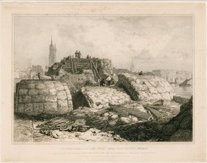 En del af Old London Bridge, som den så ud i juni 1832 af Edward William Cooke