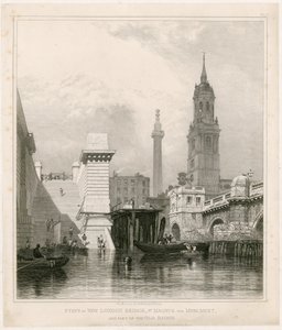 Trin fra New London Bridge, St. Magnus, monumentet og en del af den gamle bro af Edward William Cooke