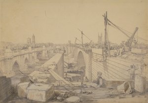 Konstruktionen af London Bridge, 1830 af Edward William Cooke