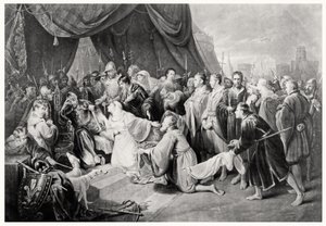 The Surrender of Calais, 4. august 1347, indgraveret af John Young af Edward after Bird
