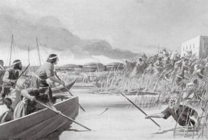 Kassitternes erobring af havlandet (litografi) af Edwin A. Morrow