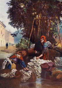 Korsika: Kvinde vasker linned (farve litho)