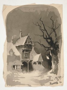 En vinterscene: Hus i sneen (recto); Assorterede figurstudier (verso) af Edwin Austin Abbey