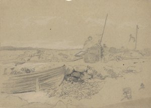 Strandscene med dory af Edwin Austin Abbey