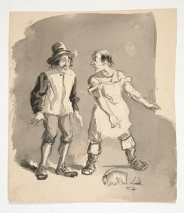 Tegneserie af to mænd og ødelagt gryde af Edwin Austin Abbey