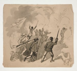 Borgerkrigskampscene (recto); Uidentificeret illustration af mand i en skov (verso) af Edwin Austin Abbey