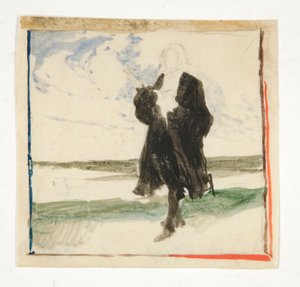 Kappemand i landskab - uidentificeret illustration af Edwin Austin Abbey