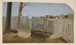 Landscene: hegn, mark, bondehus i afstand af Edwin Austin Abbey