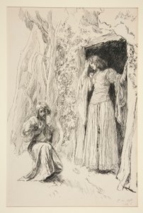 Ferdinand møder Miranda, illustration til akt III, Scene i, Stormen af Edwin Austin Abbey