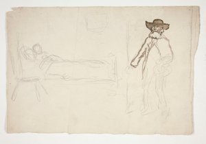 Figur i seng, mand ind i værelset - uidentificeret illustration af Edwin Austin Abbey