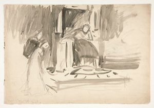 Figur på tronen, flankeret af to figurer, skitse til et uidentificeret Shakespeare-skuespil af Edwin Austin Abbey