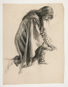 Figurstudie for Sir Lancelot og Sir Bors outfit Galahad med hans sporer (?), fra The Quest of the Holy Grail (det andet af en serie på femten malerier til Boston Public Library, færdiggjort i 1901) af Edwin Austin Abbey