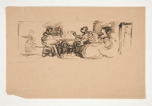 Figurer ved et bord - uidentificeret illustration af Edwin Austin Abbey