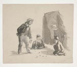 Fire drenge spiller kugler (recto); Uidentificeret illustration af dreng ved staffeli i interiøret (verso) af Edwin Austin Abbey