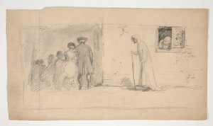 Gruppe af figurer udenfor stenhus - uidentificeret illustration af Edwin Austin Abbey