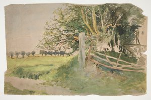 Landskab med træer og brudt hegn af Edwin Austin Abbey
