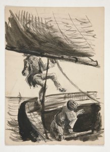 Mand, der bliver slået overbord af bom fra sejlbåd (recto); Uidentificeret illustration af dreng skinnende mand af Edwin Austin Abbey