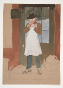 Mand tænder et rør i døråbningen - uidentificeret illustration af Edwin Austin Abbey