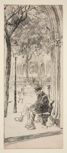 Mand på parkbænk - uidentificeret illustration af Edwin Austin Abbey