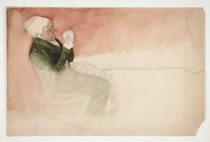 Mand siddende, undersøger indersiden af en skål - (uidentificeret illustration) af Edwin Austin Abbey